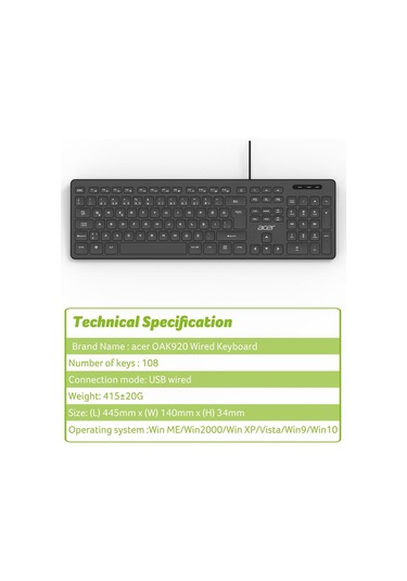Acer Oak920 Q Usb Siyah 1.8mt Kablolu Klavye-tek Tuş Hesap Makinalı Sessiz Tuş