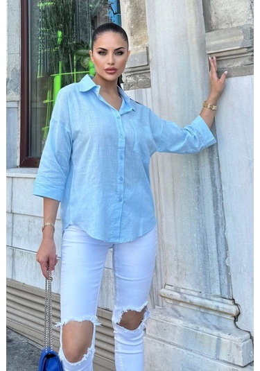 Kadın Mavi Truvakar Kol, Oval Kesim, Terletmez, Flamlı Keten Salaş Gömlek Mavi