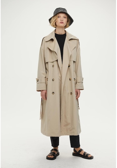 Manuka Düğmeli Kruvaze Trençkot Bej