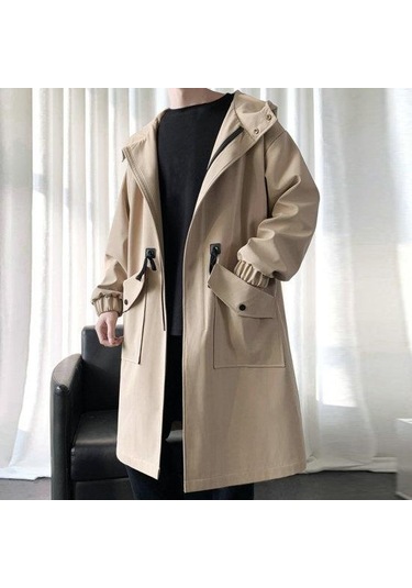 Erkekler Trençkot Kapşonlu Gevşek Orta Uzunlukta Büyük Cepler Uzun Kollu Rüzgar Geçirmez Düz Renk Fermuar Kapatma Kırışıklık Karşıtı Elastik Manşet Street... Siyah