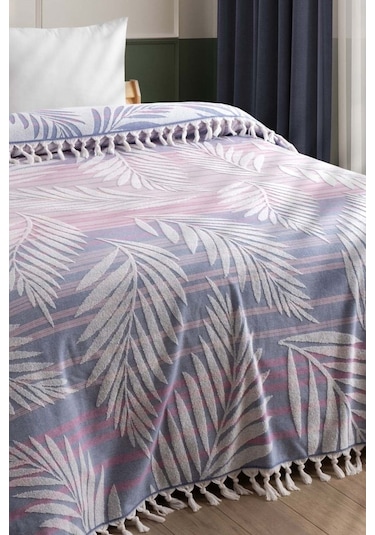 %100 Pamuk Havlu Saçaklı Bukle Yatak Örtüsü - Çift Kişilik & Püsküllü Pike - Bordo Çizgili İndigo İndigo