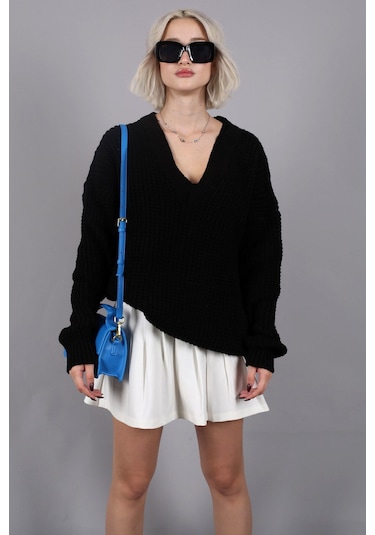 Madmext Siyah Oversize V Yaka Triko Kazak Mg1440 Siyah