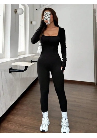 S-pazarım Kadın Uzun Kollu Kare Yakalı Fermuarlı Parmaktan Geçmeli Dalgıç Tulum Siyah