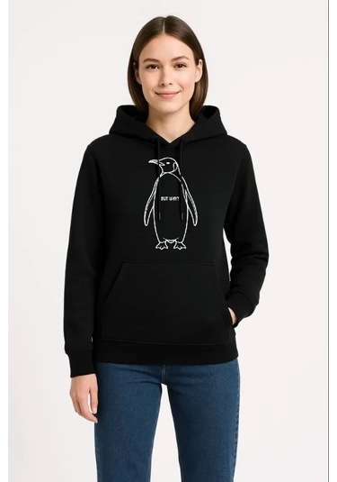 Defymoda Nihilist Penguen Özel Tasarım Oversize Kapüşonlu Sweatshirt - Siyah Siyah