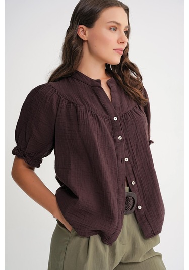4725 Kadın Büzgü Robalı Kolu Fırfırlı Müslin Gömlek Kahve Kahve