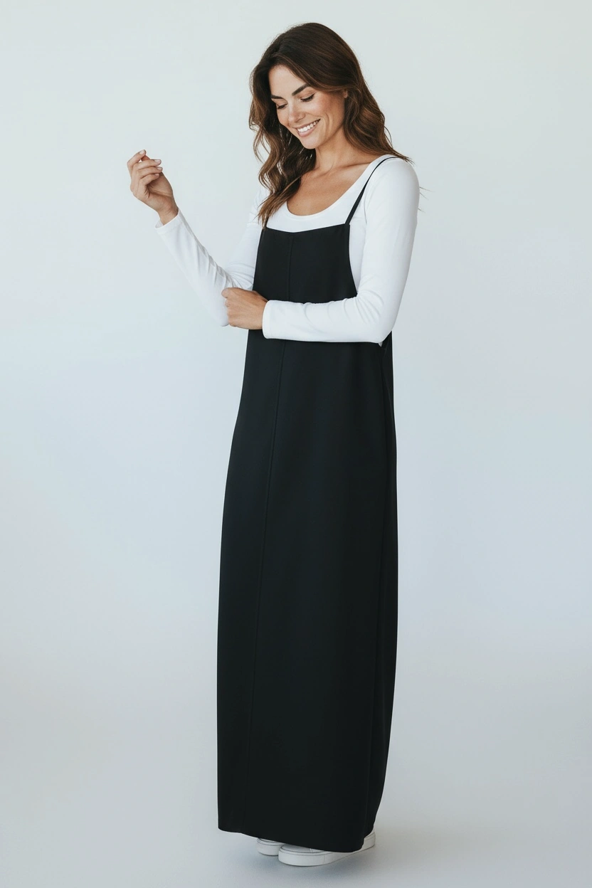 Kadın Ayarlanabilir İp Askılı Dabıl Kumaş Elbise Siyah