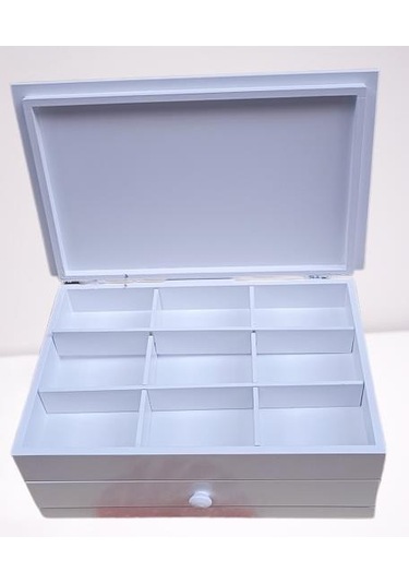 Hobi Adn Dekoratif Makyaj Kutu Çekmece Bölmeli Ahşap Mdf Beyaz Lake Boya El Yapım