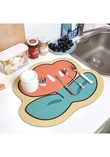 Mavi Tezgah Bulaşık Bardak Kurutma Mat Mutfak Sofra Drenaj Pedi Emici Baskılı Kahve Makinesi Drenaj Mat Masa Placemat Dekor Mavi