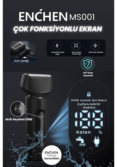 Enchen Ms001 Siyah Dijital Ekranlı Ultra Yakın Kesim Folyo Başlıklı Şarjlı Tıraş Makinesi