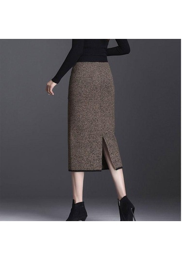 Sonbahar Kış Kadın Midi Örme Etek Kadın Etek Yüksek Bel Kalınlaşmak Cepler Ince Bir Adım Kalça Etek Kahverengi