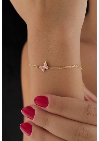 Fiyonk Kuyumculuk 14 Ayar Altın Pembe Mineli Kelebek Bileklik 001