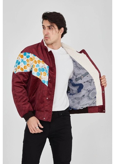 Erkek İçi Astarlı İçten Yaka Kısmı Peluşlu Beyaz Şeritli Vintage Ceket - Mürdüm Siyah