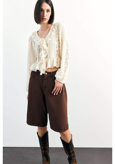 Defacto V Yaka Önden Bağlamalı Volanlı Dantel Bluz F9717ax25smer105 Ekru