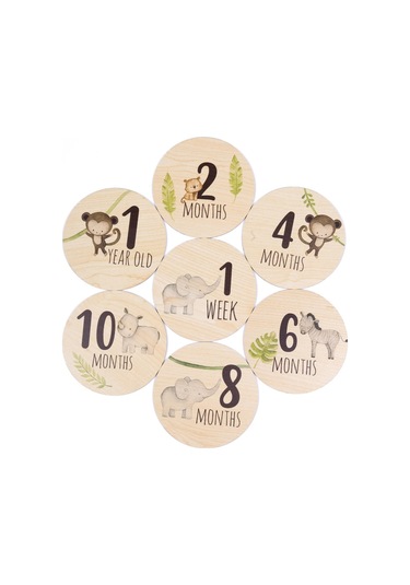 Safari Ahşap Bebek Anı Diskleri İngilizce Fotoğraf Çekim Kartları