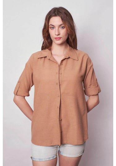 Kadın Keten Düşük Omuzlu Yakalı Kapri Kol Apoletli Gömlek -camel CAMEL