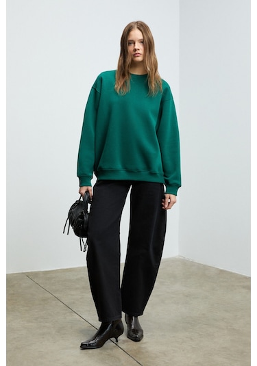 KARIUS Kadın Organik Pamuklu İçi Polarlı Oversize Yuvarlak Yakalı Koyu Yeşil Sweatshirt