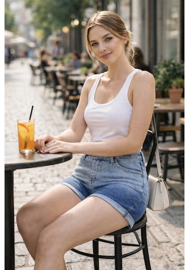 Cedy Denim Kadın Yüksek Bel Duble Paça Kot Şort Klasik Mini Jean Şort C604 Mavi