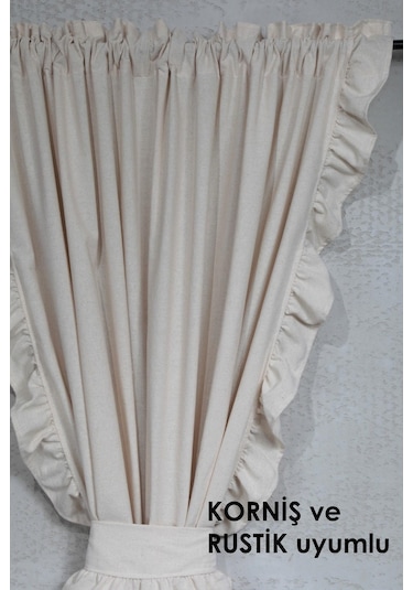Fırfırlı Keten Perde Tek Kanat Romantik Volanlı Bağlamalı Krem