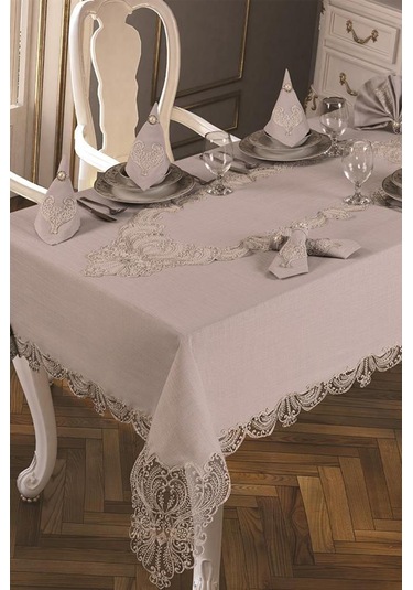 Fransız Güpürlü Yasemin Kadife Tek Masa Örtüsü Gri Gri