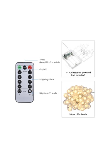 Monyee 7m 50 Led Işık Zinciri 8 Mod 11 Parlaklık Zamanlayıcı Fonksiyonu Ip65 Su Geçirmez 3xaa Pil Dahil Değil Islak Beyaz Ev Ve Dış Mekan Dekoru Beyaz