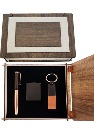 Özel Ahşap Kutulu Bakır Roller Kalem, Anahtarlık Ve Çakmak Set - 9068527980459drvs