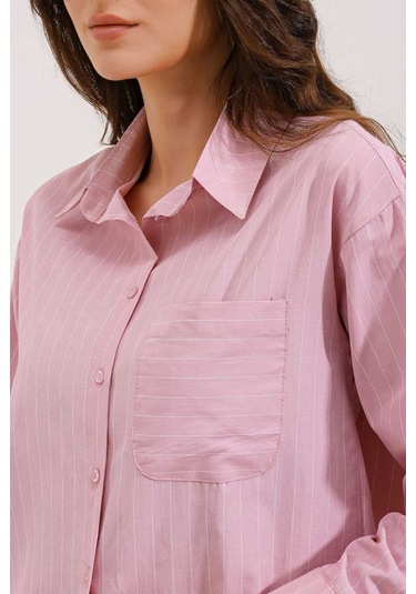 Gabria Tek Cep Arkası Uzun Gömlek Pembe