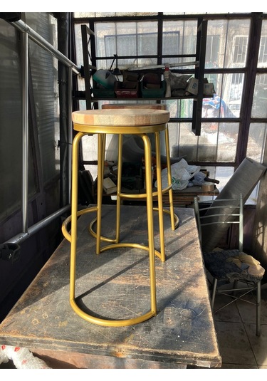 Tory Gold Metal Yuvarlak Doğal Ahşap Bar Taburesi Gold