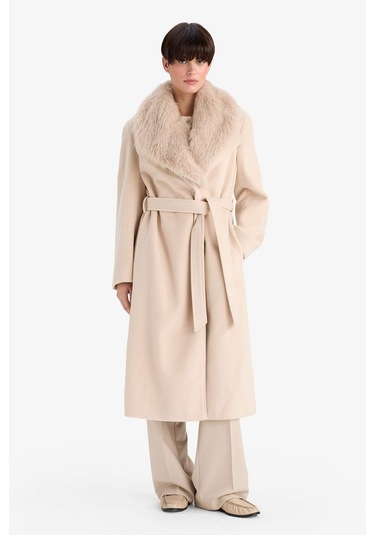 Defacto Regular Fit Suni Kürk Yaka Kuşaklı Kaşe Uzun Kaban F2811ax25wner128 Ekru-er128