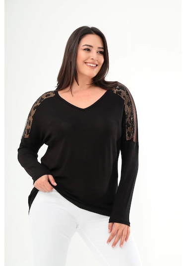 Omuz Tül Detaylı Taş Baskılı Bluz Siyah - Altın