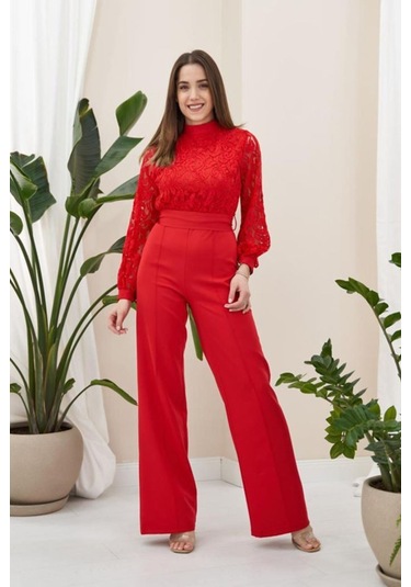 Kırmızı Üstü Dantel Tulum Kırmızı