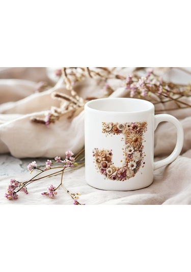J Harfi Çiçek Desenli Kupa Bardak - Alfabe Harfleri İle Doğal Çiçekli Kupa - Hediye Fikir Beyaz