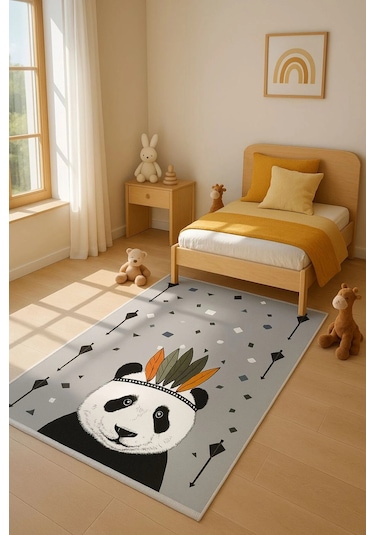 Sevimli Panda Çocuk Odası Halısı Gri
