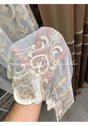 Tül Perde 32122 Nolu Desen Kadife Işleme Tül Perde Çok Renkli