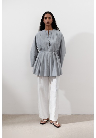 Nervürlü Geniş Kollu Tunik Mavi Mavi