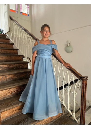 Kız Çocuk Uzun Mavi Askılı Şifon Abiye Elbise 10-14 Yaş Mavi