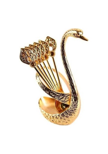 Novahub Altın Kuğu Şekilli Çatal Kaşık Seti - Paslanmaz Korozyona Dirençli Cilalı Yüzey - Depolama Tutucu İle Altın