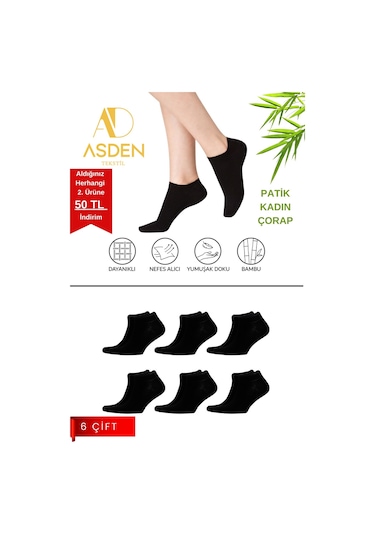 Asden Bambu Kadın Patik Çorap Beyaz 12'li, Dikişsiz, Soft Yıkamalı, Premium 6 Çift Siyah