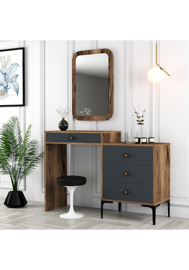 Lizbon Makyaj Masası Aynalı - Ceviz / Antrasit