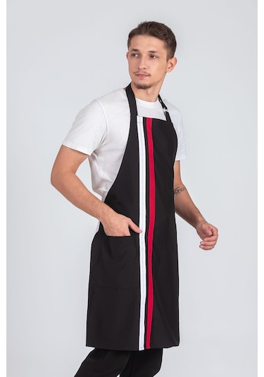 Erkek Boyundan Asmalı Çizgili Barista Şef Mutfak Önlüğü Siyah