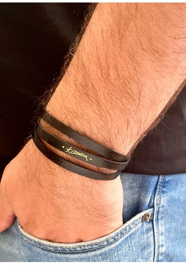 Kemal Atatürk Yazılı %100 Deri 3lü Erkek Bileklik Set 21 Cm Türk