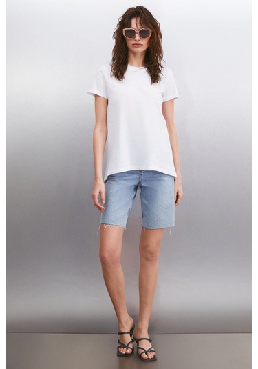 GRIMELANGE Samantha Kadın %100 Organik Pamuklu Comfort Fit Arkası Uzun Basic Örme Beyaz T-shirt Beyaz