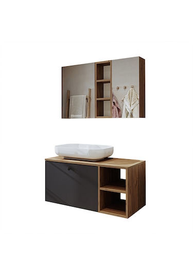Lavabolu Mdf 95 Cm Lotus Oval Lavabolu Banyo Atlantik Çam - Antrasit