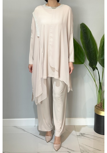 Nuss Tül Detaylı Pantolonlu Takım 3002 Bej Bej