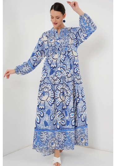 2423 Otantik Desenli Tesettür Elbise - Koyu Mavi Koyu Mavi