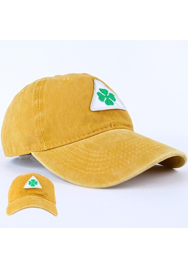 Perlotus Vintage Yıkamalı Pamuk Şapka Dört Yapraklı Yonca Nakışlı Sarı Sarı