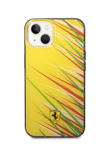 İphone Uyumlu 14 Kılıf Ferrari Lisanslı Baskı Logolu Çimen Desenli Kapak Sarı