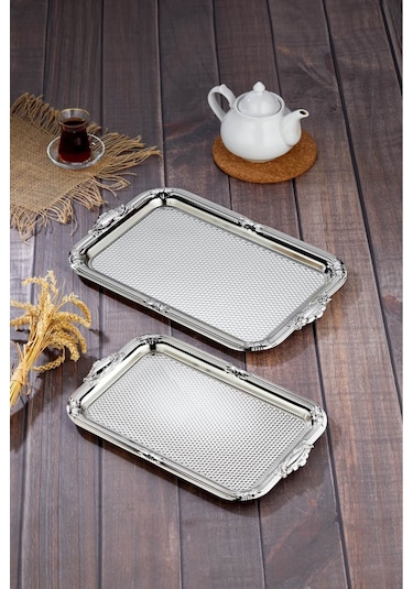 Cooker 2'li Metal Dikdörtgen Gümüş Sunum Tepsisi 43x30 Cm Ve 36x26 Cm Ckr3331 Diğer