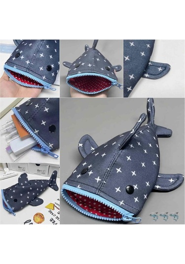 Mufunye Mavi Köpekbalığı Desenli Geniş Hacimli Kalem Kutusu - Öğrenci Ve Ofis İçin Evrensel Uyumlu Stüdyo Dolabı Mavi