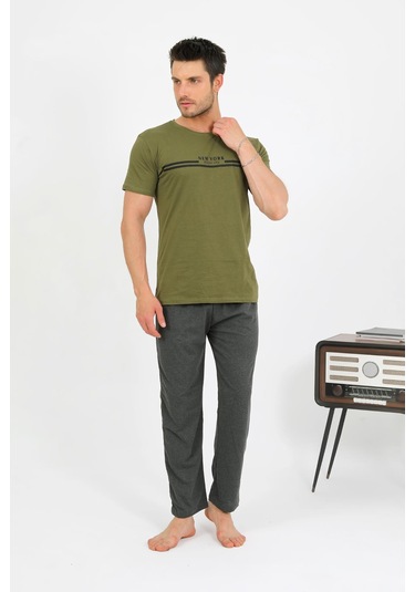 Akbeniz Erkek Pamuk Kısa Kol Pijama Takım Haki 6875 Haki