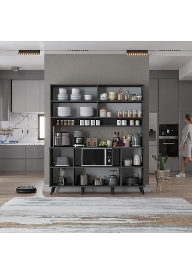 Nora Kahve Köşesi Çok Amaçlı Dolap Kiler Mutfak Dolabı Füme 140cm Antrasit